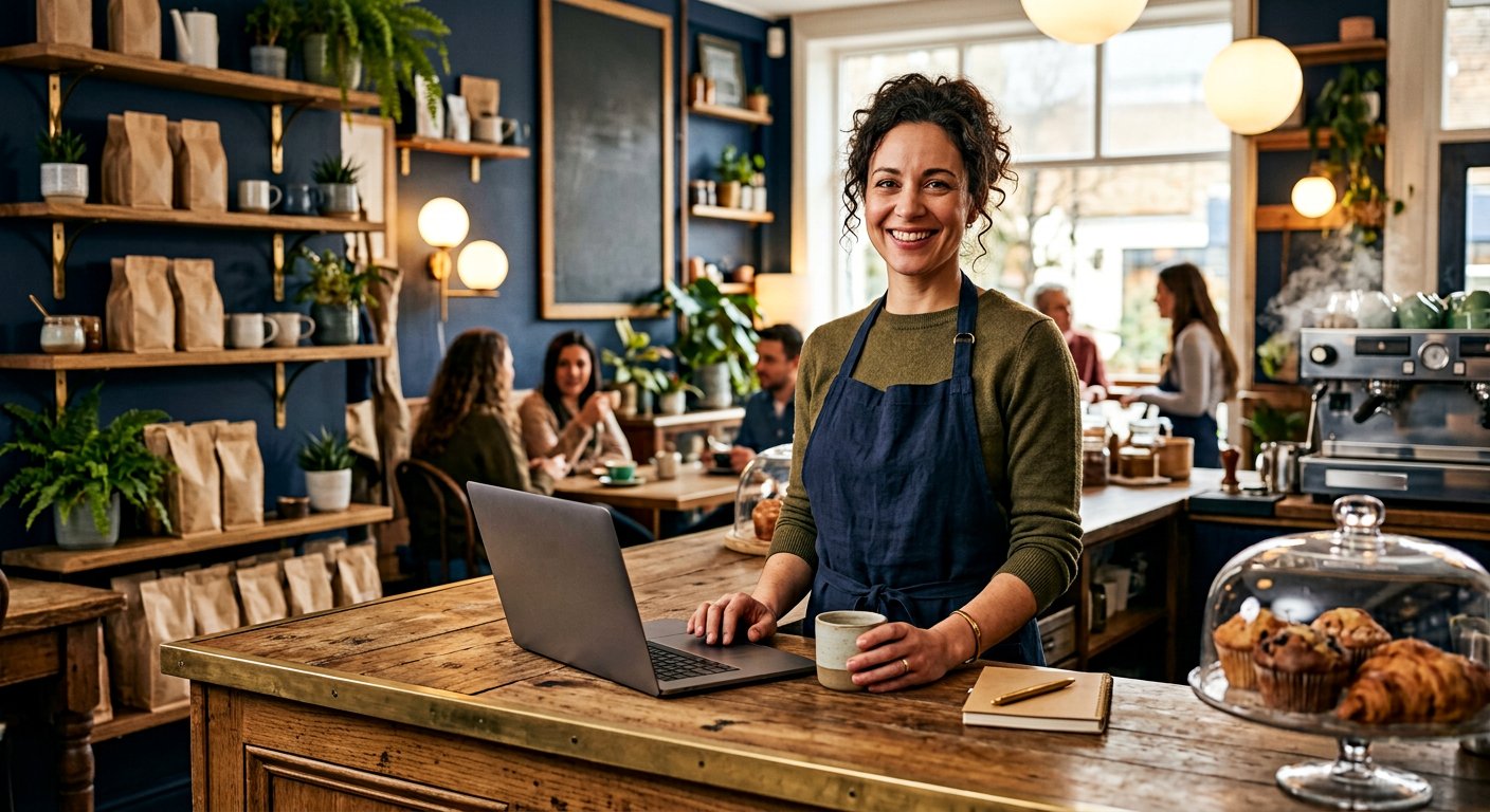 A small business owner at the counter of their shop