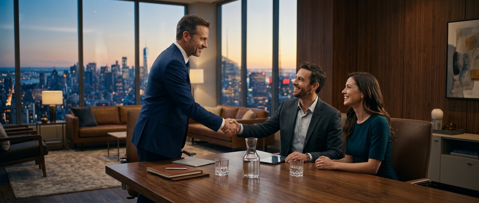 An advisor consulting a couple in a modern office